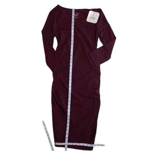 Isabel Maternity Midi Dress Women's Small Red Black Stretchy Striped Shirred NEW - Picture 6 of 9